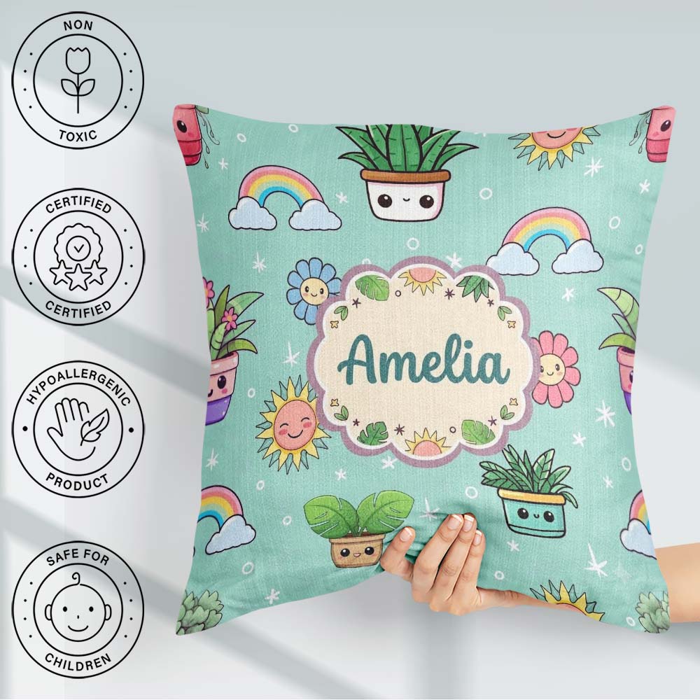 Custom Name Kawaii Rainbows Smiling Sun Mint Background Seamless Square Filled Cushion Throw Pillow Sofa Bed Home Decor Zip Washable UK Made