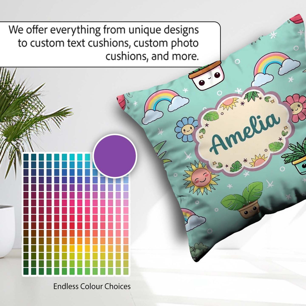 Custom Name Kawaii Rainbows Smiling Sun Mint Background Seamless Square Filled Cushion Throw Pillow Sofa Bed Home Decor Zip Washable UK Made