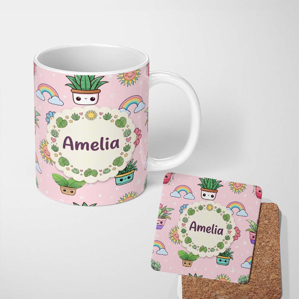 Personalized Custom Name Cute Kawaii Plants Rainbows Smiling Sun Soft Pink Background 11oz Ceramic Coffee Tea Mug White Large Handle