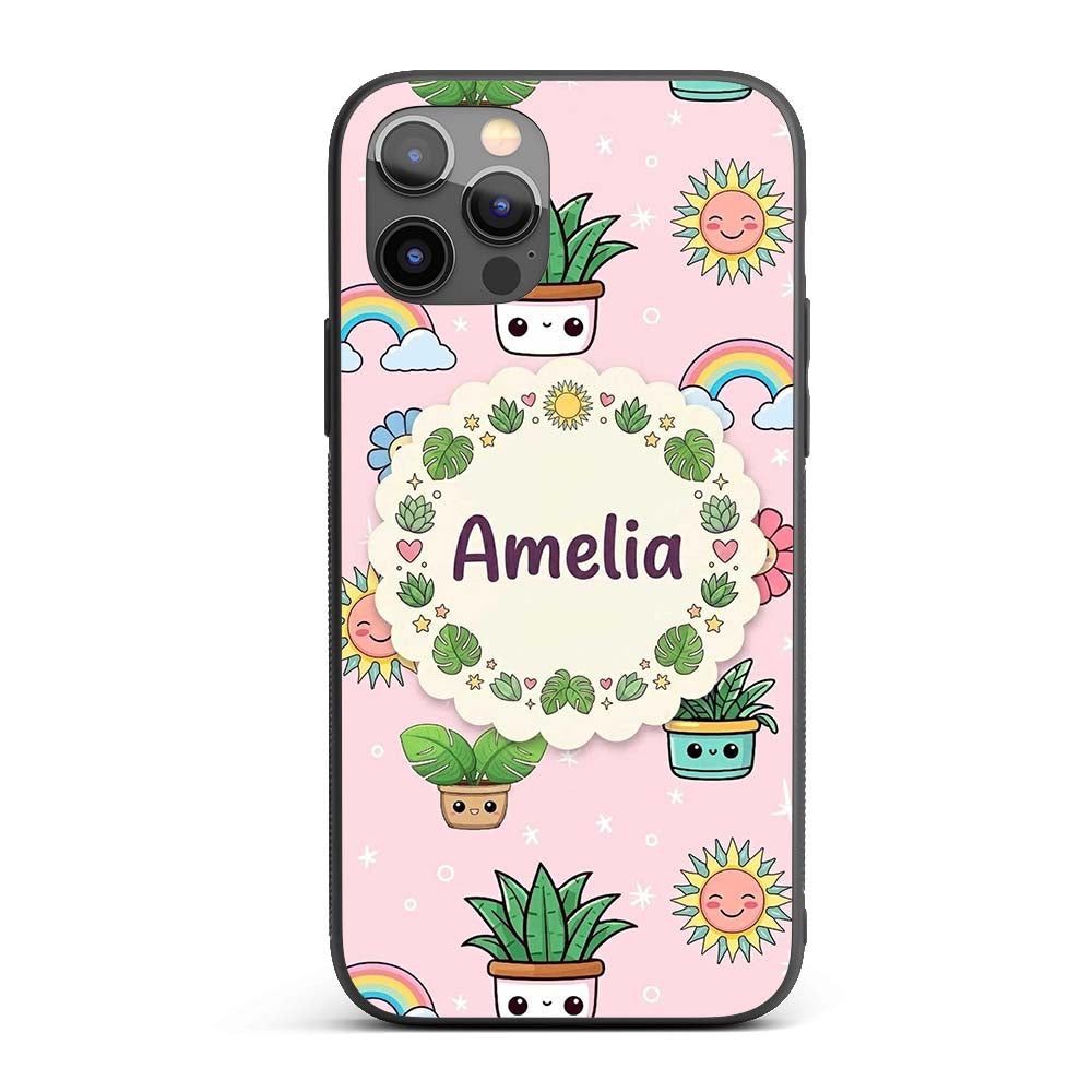 Cute Kawaii Plants Rainbows Smiling Sun Soft Pink Custom Name Protective Phone Case Mobile Cover Durable Everyday Smartphone Shock Resistant