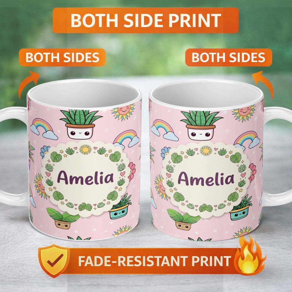 Personalized Custom Name Cute Kawaii Plants Rainbows Smiling Sun Soft Pink Background 11oz Ceramic Coffee Tea Mug White Large Handle