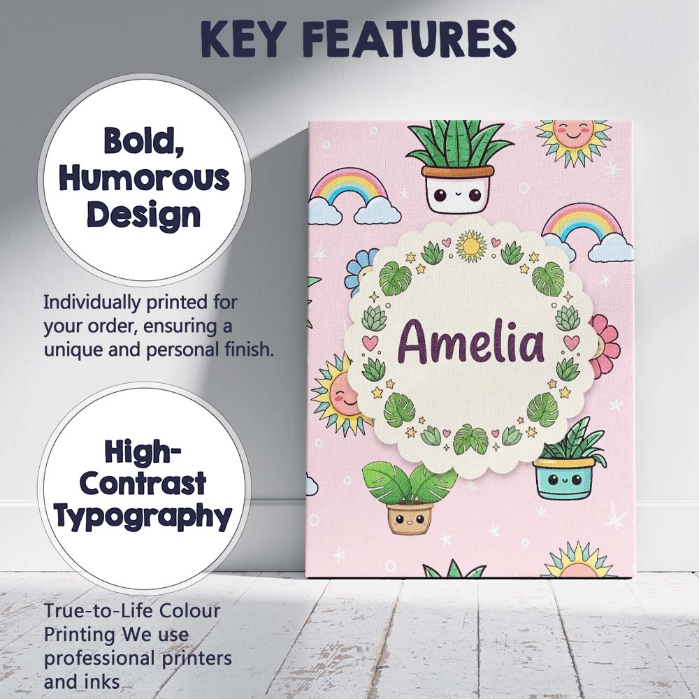 Personalised Name Cute Kawaii Plants Custom Premium Decorative Design Modern Room Accent Canvas Wall Art Print Decor Picture Ready to Hang