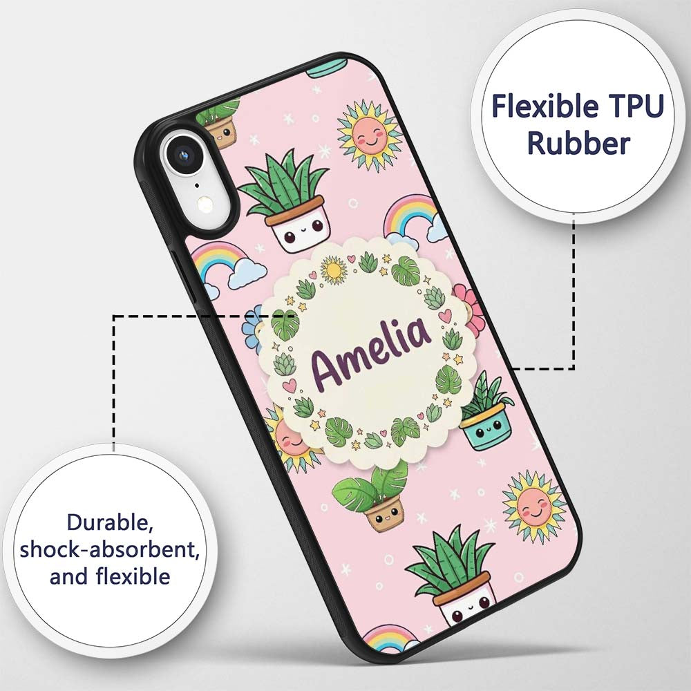 Cute Kawaii Plants Rainbows Smiling Sun Soft Pink Custom Name Protective Phone Case Mobile Cover Durable Everyday Smartphone Shock Resistant