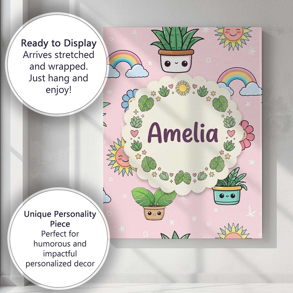 Personalised Name Cute Kawaii Plants Custom Premium Decorative Design Modern Room Accent Canvas Wall Art Print Decor Picture Ready to Hang