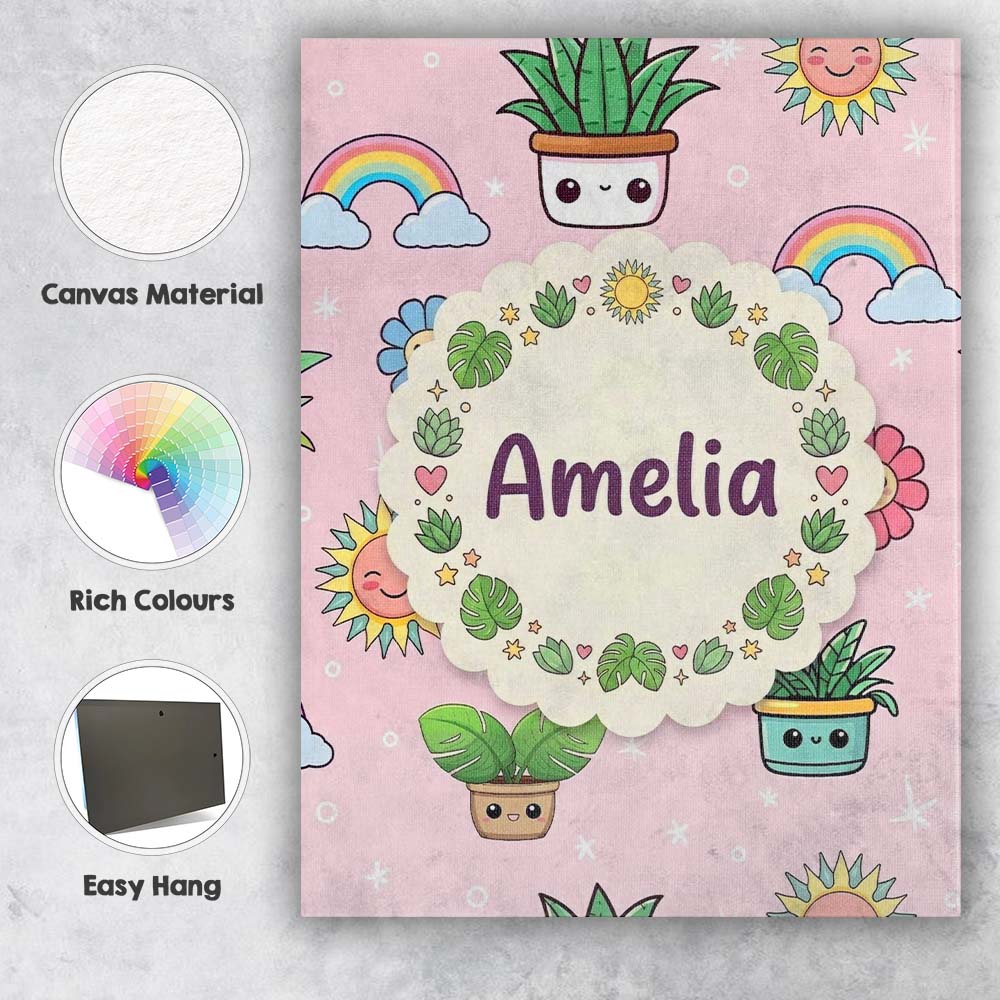 Personalised Name Cute Kawaii Plants Custom Premium Decorative Design Modern Room Accent Canvas Wall Art Print Decor Picture Ready to Hang