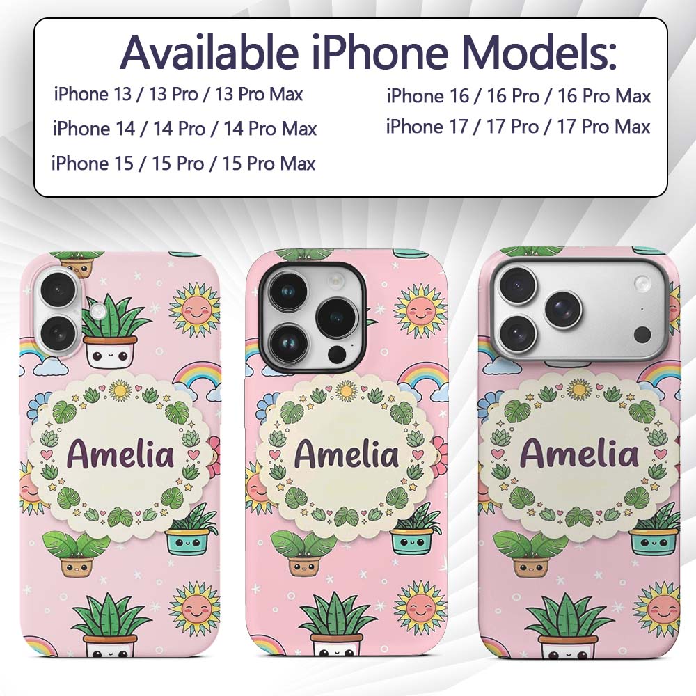 Cute Kawaii Plants Rainbows Smiling Sun Soft Pink Custom Name Protective Phone Case Mobile Cover Durable Everyday Smartphone Shock Resistant