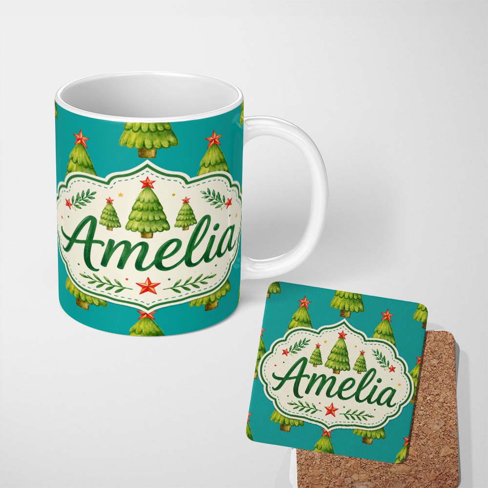 Personalized Custom Name Watercolor Christmas Trees with Red Star on Teal Background Seamless 11oz Ceramic Coffee Tea Mug White Large Handle