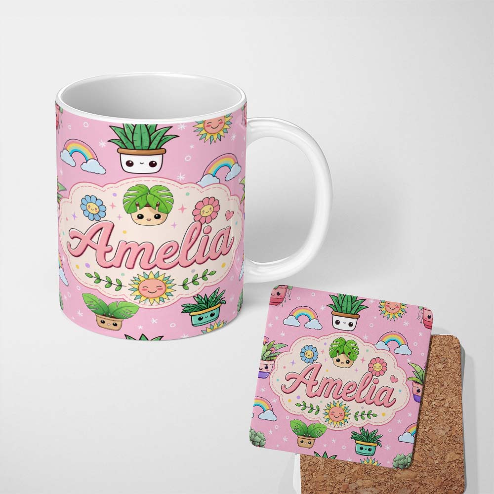 Personalized Custom Name Cute Kawaii Plants Rainbows Smiling Sun Pink Background Seamless 11oz Ceramic Coffee Tea Mug White Large Handle
