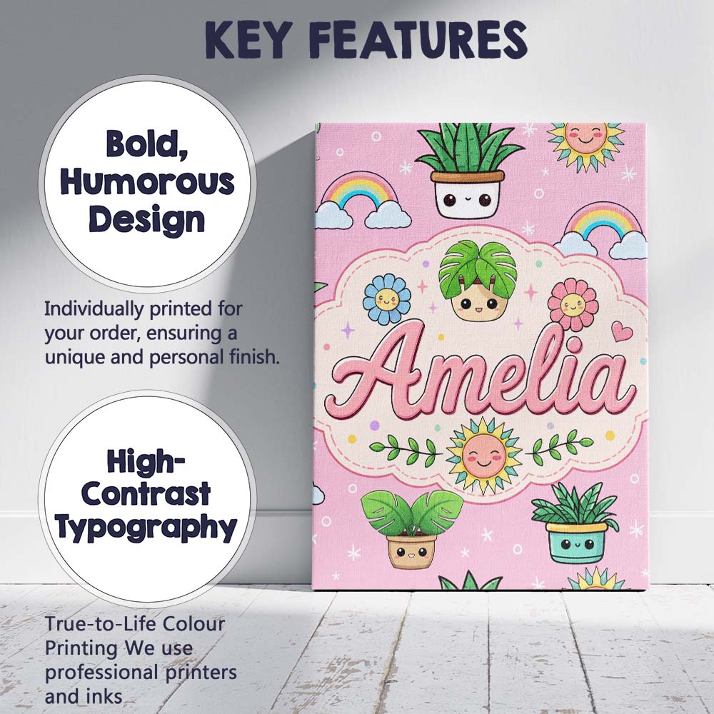 Personalised Name Cute Kawaii Plants Custom Premium Decorative Design Modern Room Accent Canvas Wall Art Print Decor Picture Ready to Hang