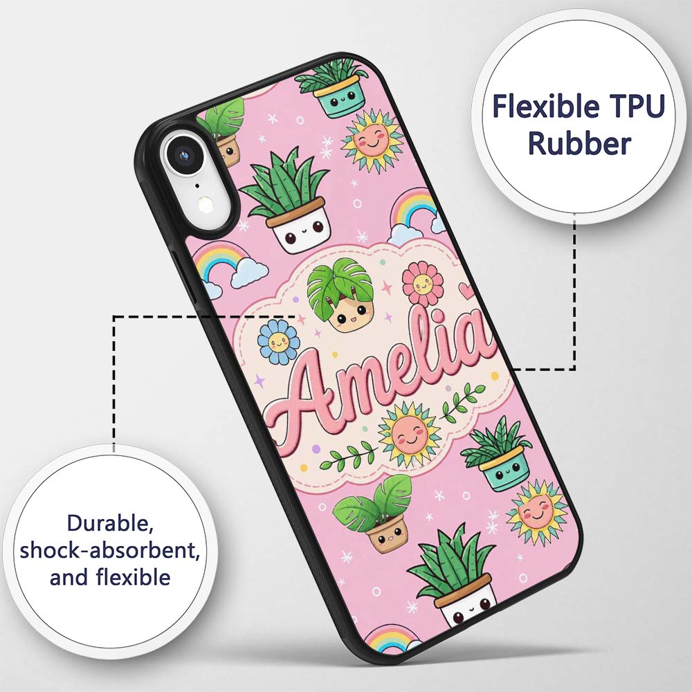 Cute Kawaii Plants Rainbows Smiling Sun Pink Custom Name Protective Phone Case Mobile Cover Durable Everyday Smartphone Shock Resistant