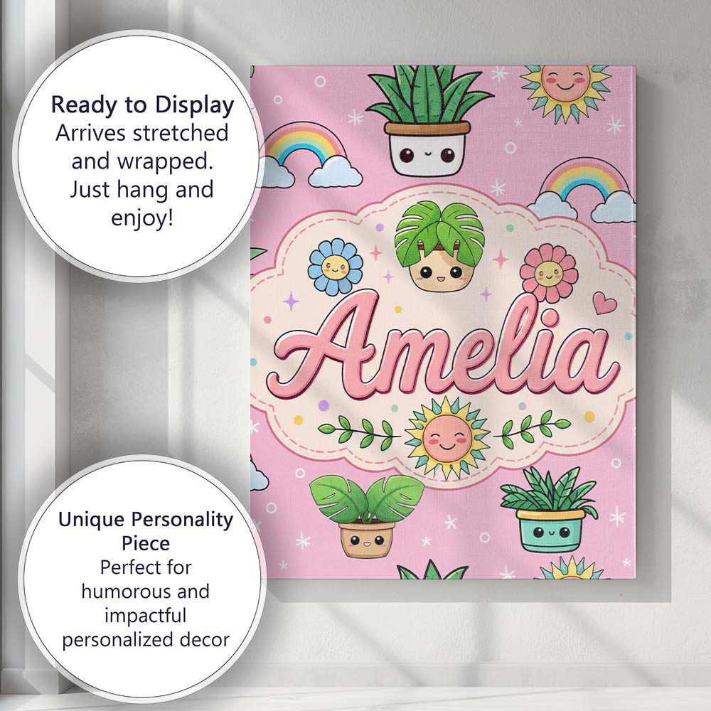 Personalised Name Cute Kawaii Plants Custom Premium Decorative Design Modern Room Accent Canvas Wall Art Print Decor Picture Ready to Hang
