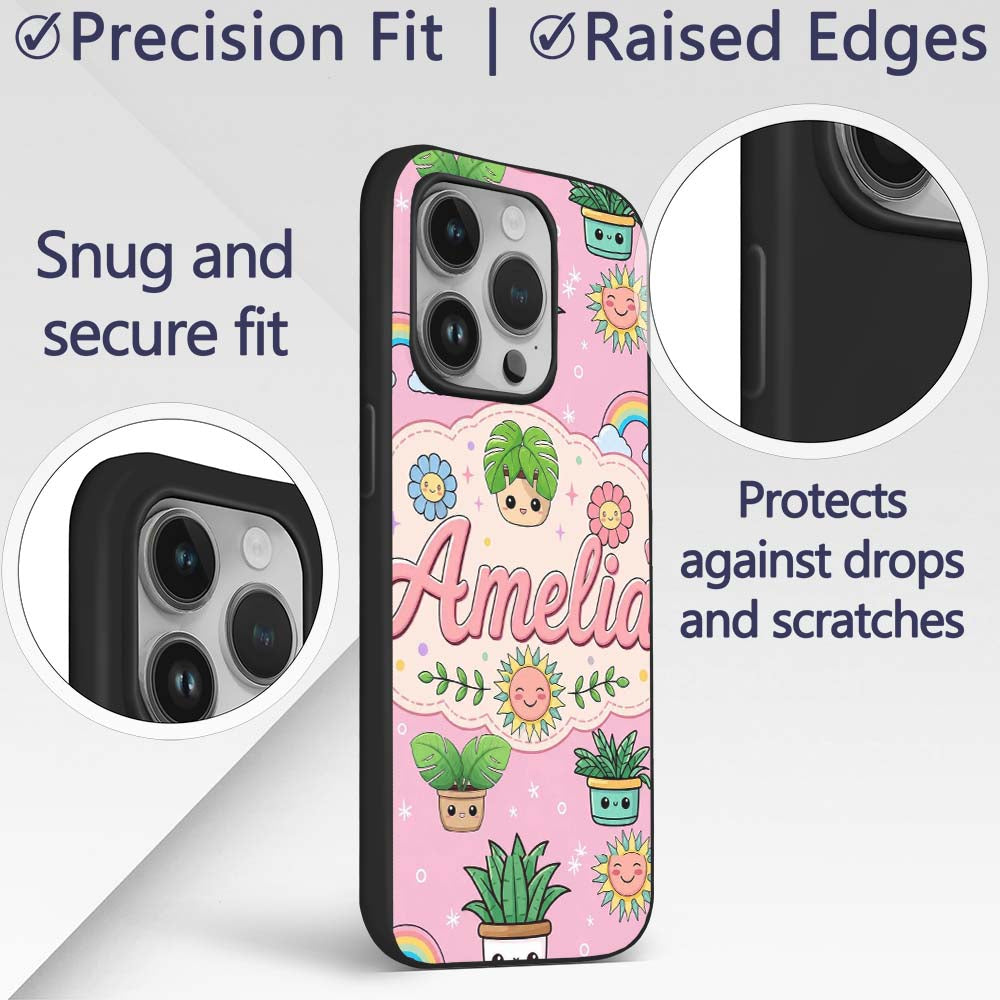 Cute Kawaii Plants Rainbows Smiling Sun Pink Custom Name Protective Phone Case Mobile Cover Durable Everyday Smartphone Shock Resistant