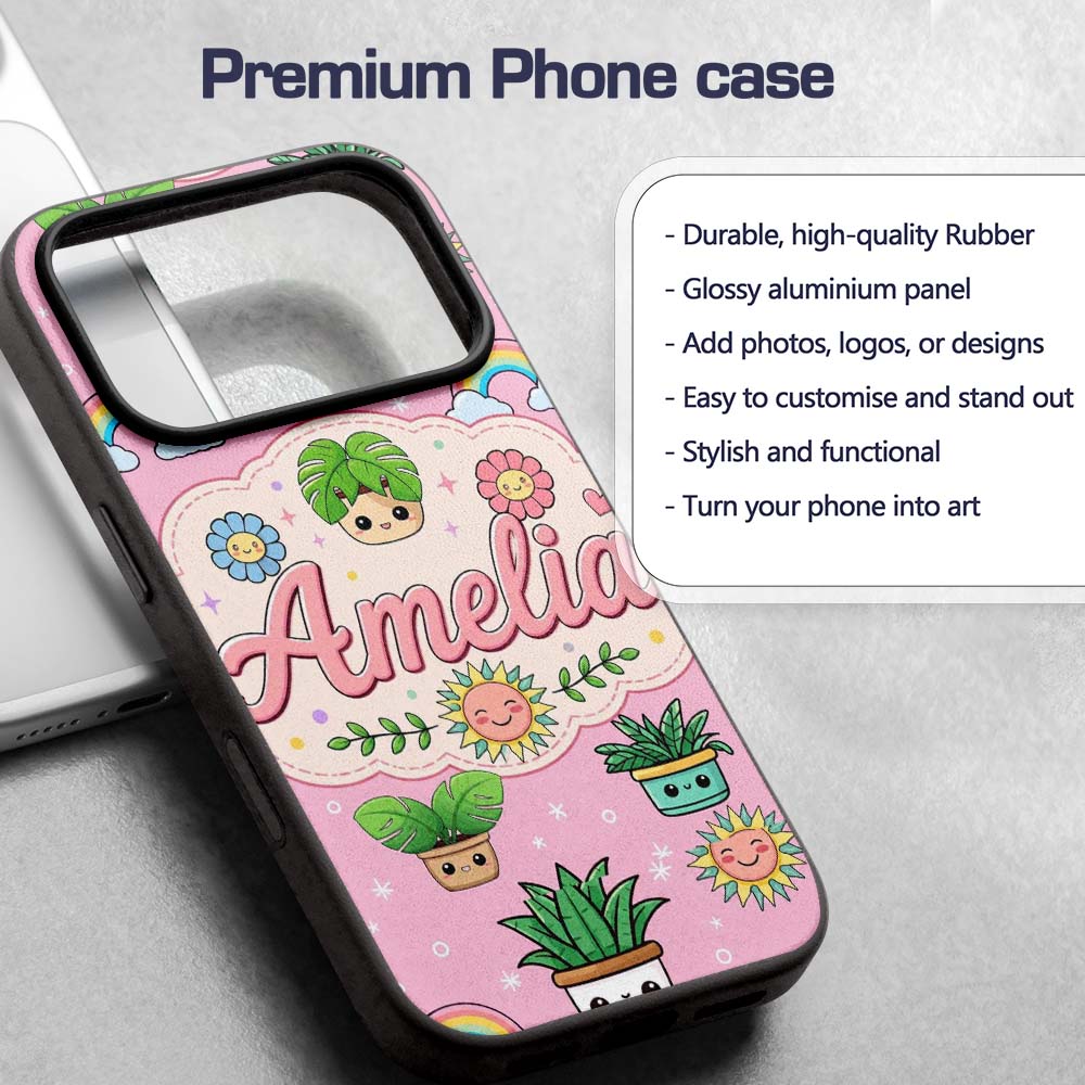 Cute Kawaii Plants Rainbows Smiling Sun Pink Custom Name Protective Phone Case Mobile Cover Durable Everyday Smartphone Shock Resistant