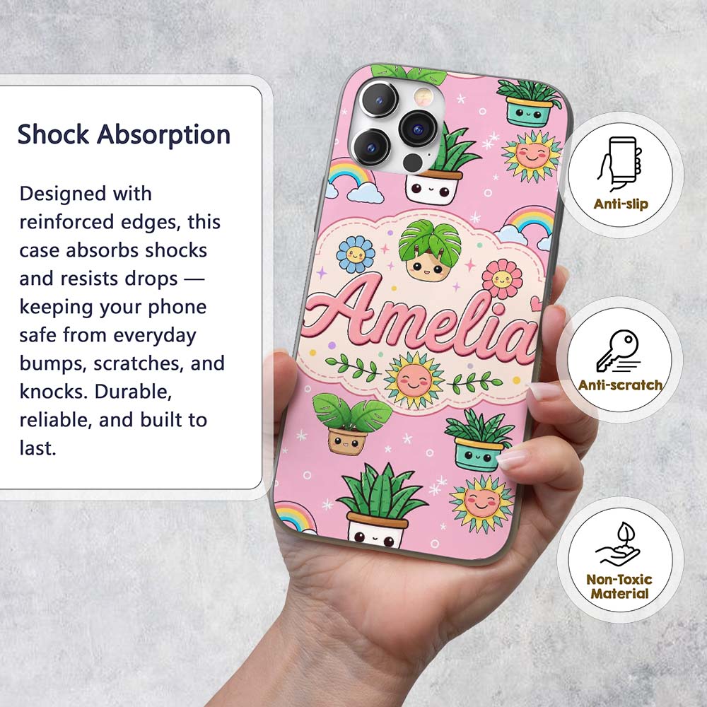 Cute Kawaii Plants Rainbows Smiling Sun Pink Custom Name Protective Phone Case Mobile Cover Durable Everyday Smartphone Shock Resistant