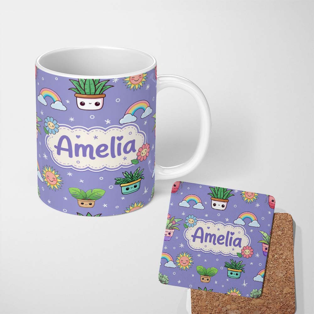Personalized Custom Name Cute Kawaii Plants Rainbows Smiling Sun Purple Background Seamless 11oz Ceramic Coffee Tea Mug White Large Handle