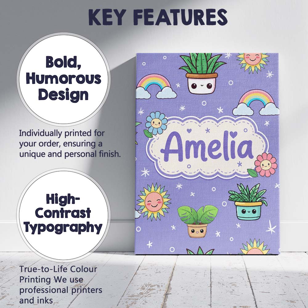 Personalised Name Cute Kawaii Plants Custom Premium Decorative Design Modern Room Accent Canvas Wall Art Print Decor Picture Ready to Hang