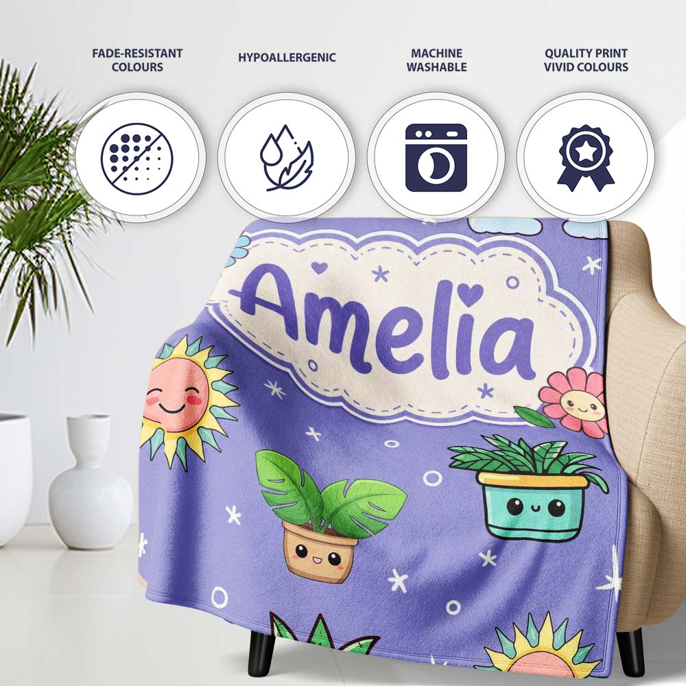 Cute Kawaii Plants Rainbows Smiling Sun Purple Background Seamless Personalised Custom Name Super Soft Fleece Blanket Bed Sofa Throw