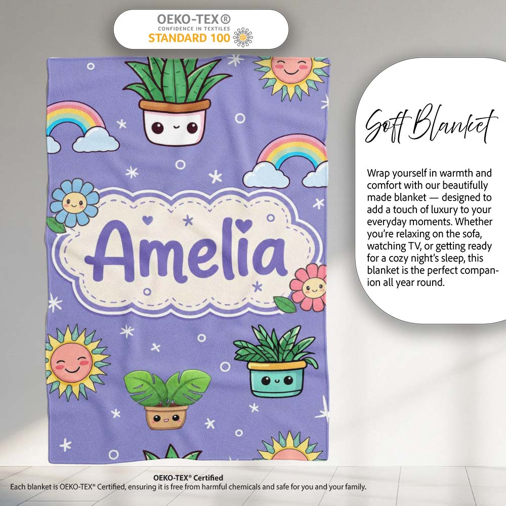 Cute Kawaii Plants Rainbows Smiling Sun Purple Background Seamless Personalised Custom Name Super Soft Fleece Blanket Bed Sofa Throw
