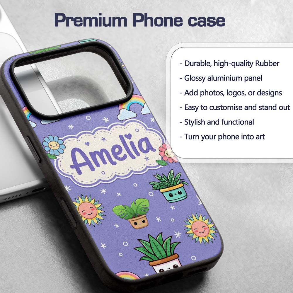 Cute Kawaii Plants Rainbows Smiling Sun Purple Custom Name Protective Phone Case Mobile Cover Durable Everyday Smartphone Shock Resistant