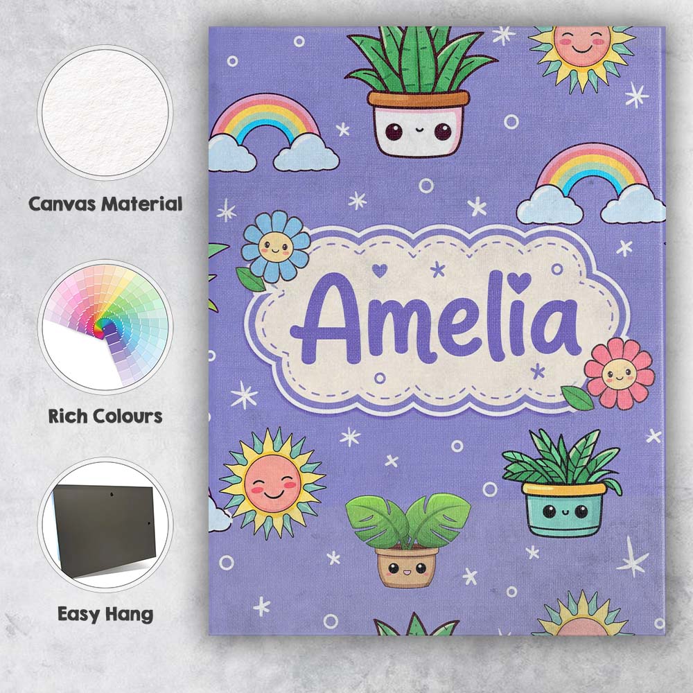 Personalised Name Cute Kawaii Plants Custom Premium Decorative Design Modern Room Accent Canvas Wall Art Print Decor Picture Ready to Hang