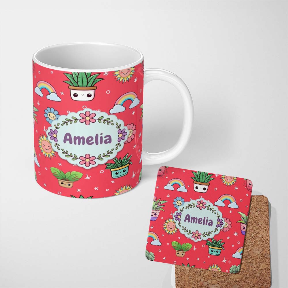 Personalized Custom Name Cute Kawaii Plants Rainbows Smiling Sun Red Background Seamless 11oz Ceramic Coffee Tea Mug White Large Handle