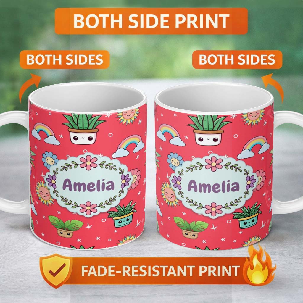 Personalized Custom Name Cute Kawaii Plants Rainbows Smiling Sun Red Background Seamless 11oz Ceramic Coffee Tea Mug White Large Handle