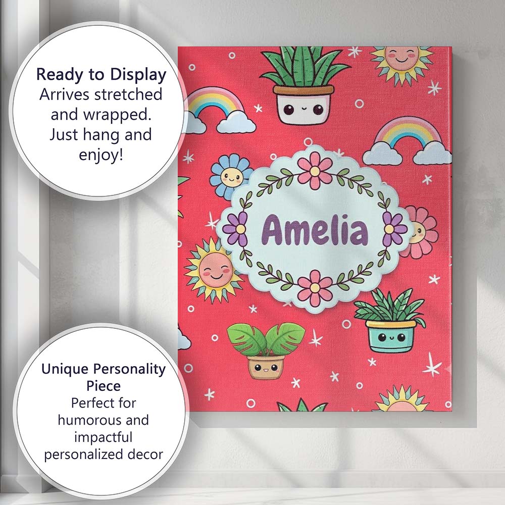 Personalised Name Cute Kawaii Plants Custom Premium Decorative Design Modern Room Accent Canvas Wall Art Print Decor Picture Ready to Hang