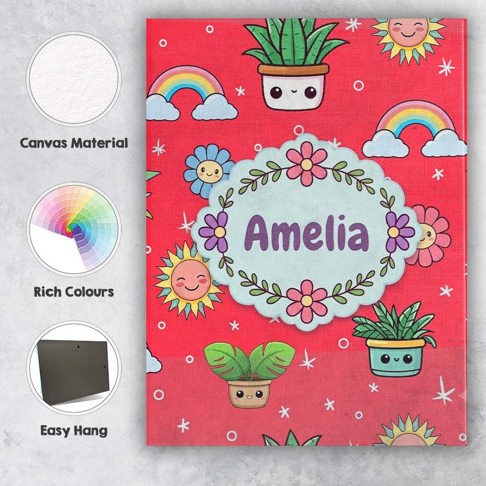Personalised Name Cute Kawaii Plants Custom Premium Decorative Design Modern Room Accent Canvas Wall Art Print Decor Picture Ready to Hang