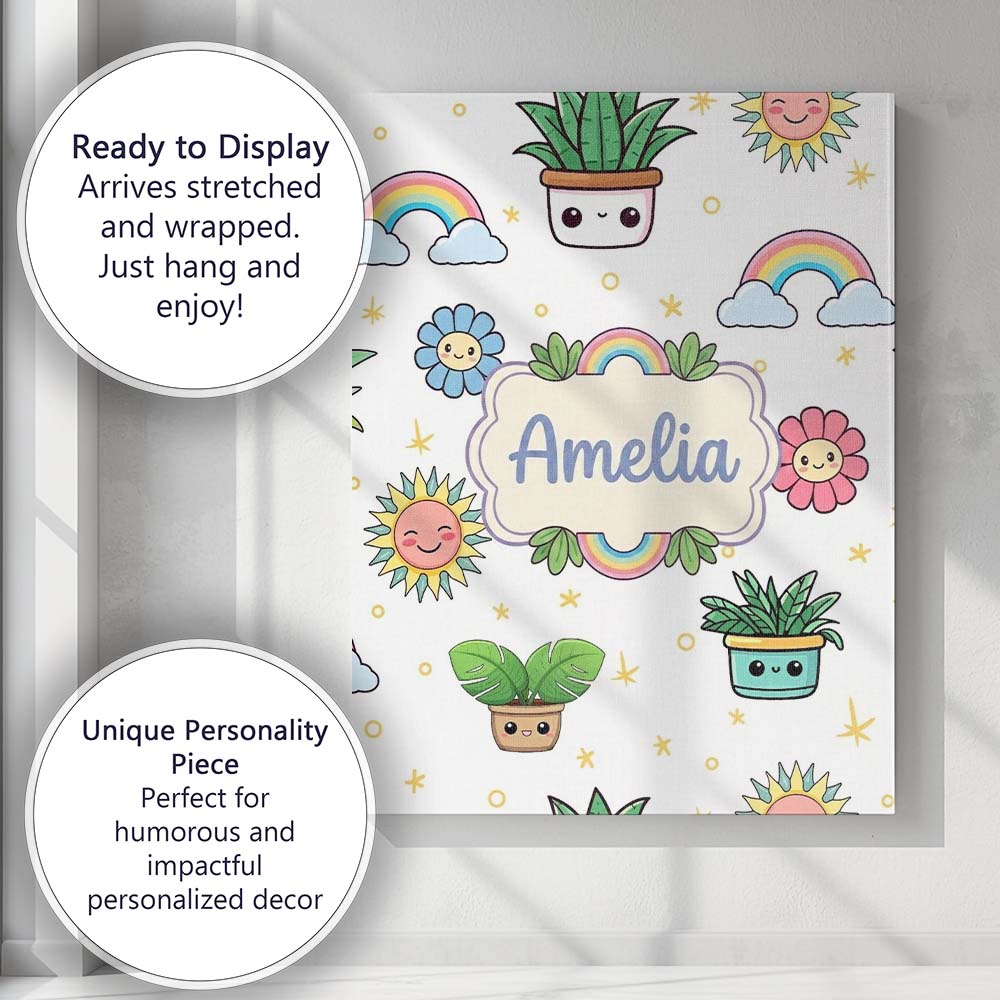 Personalised Name Cute Kawaii Plants Custom Premium Decorative Design Modern Room Accent Canvas Wall Art Print Decor Picture Ready to Hang