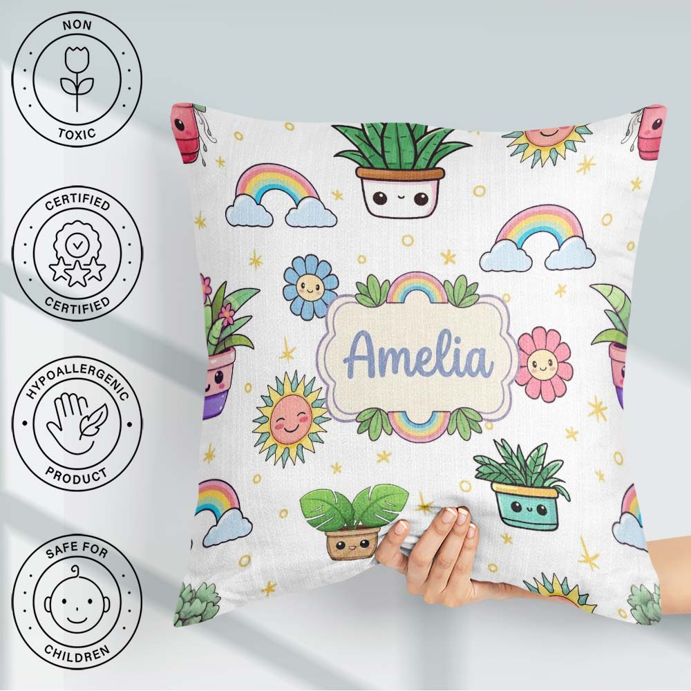 Custom Name Kawaii Rainbows Smiling Sun Grey Background Seamless Square Filled Cushion Throw Pillow Sofa Bed Home Decor Zip Washable UK Made