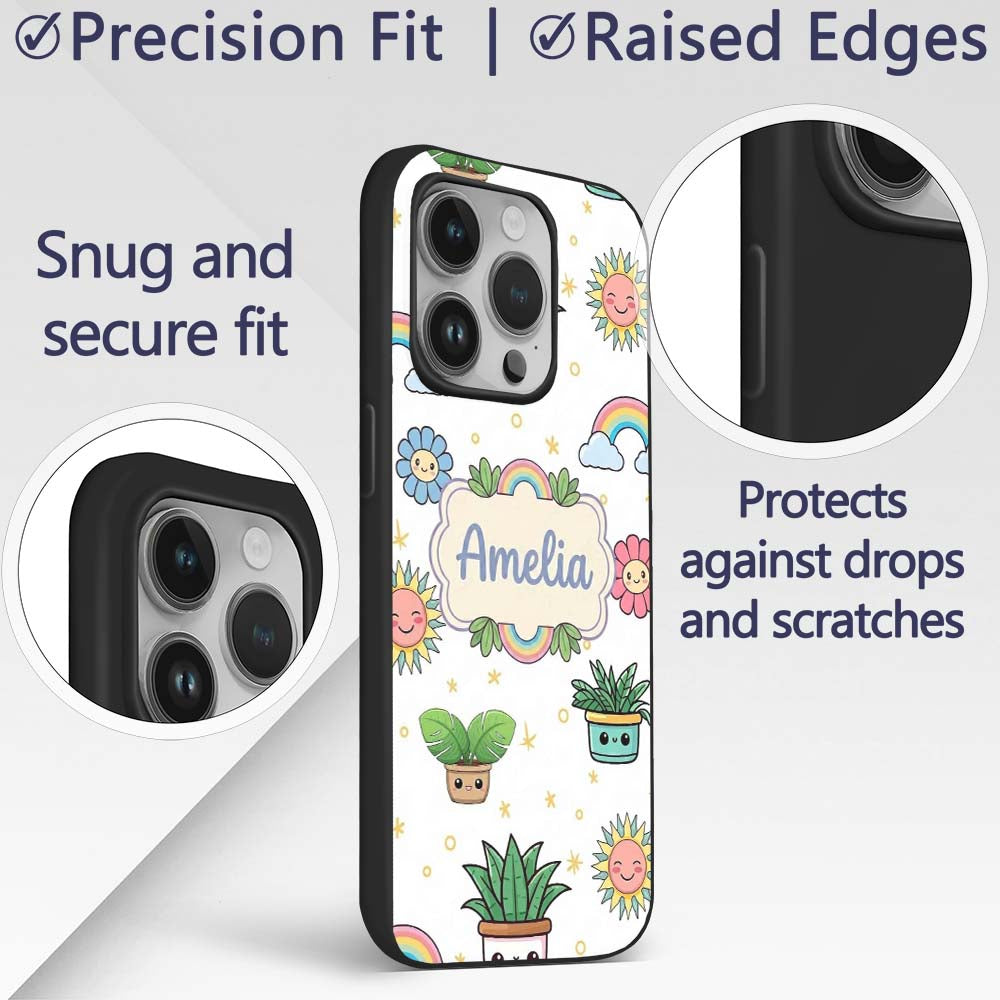Cute Kawaii Plants Rainbows Smiling Sun Grey Custom Name Protective Phone Case Mobile Cover Durable Everyday Smartphone Shock Resistant