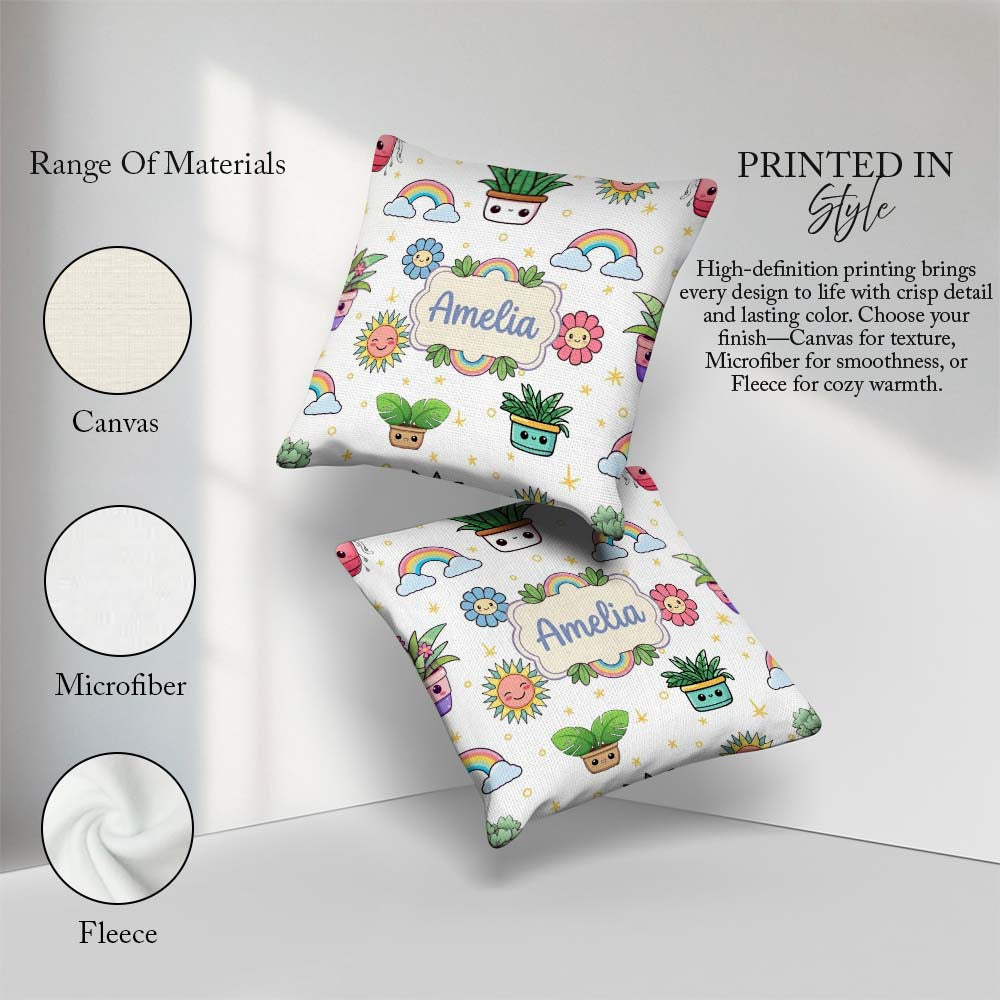 Custom Name Kawaii Rainbows Smiling Sun Grey Background Seamless Square Filled Cushion Throw Pillow Sofa Bed Home Decor Zip Washable UK Made