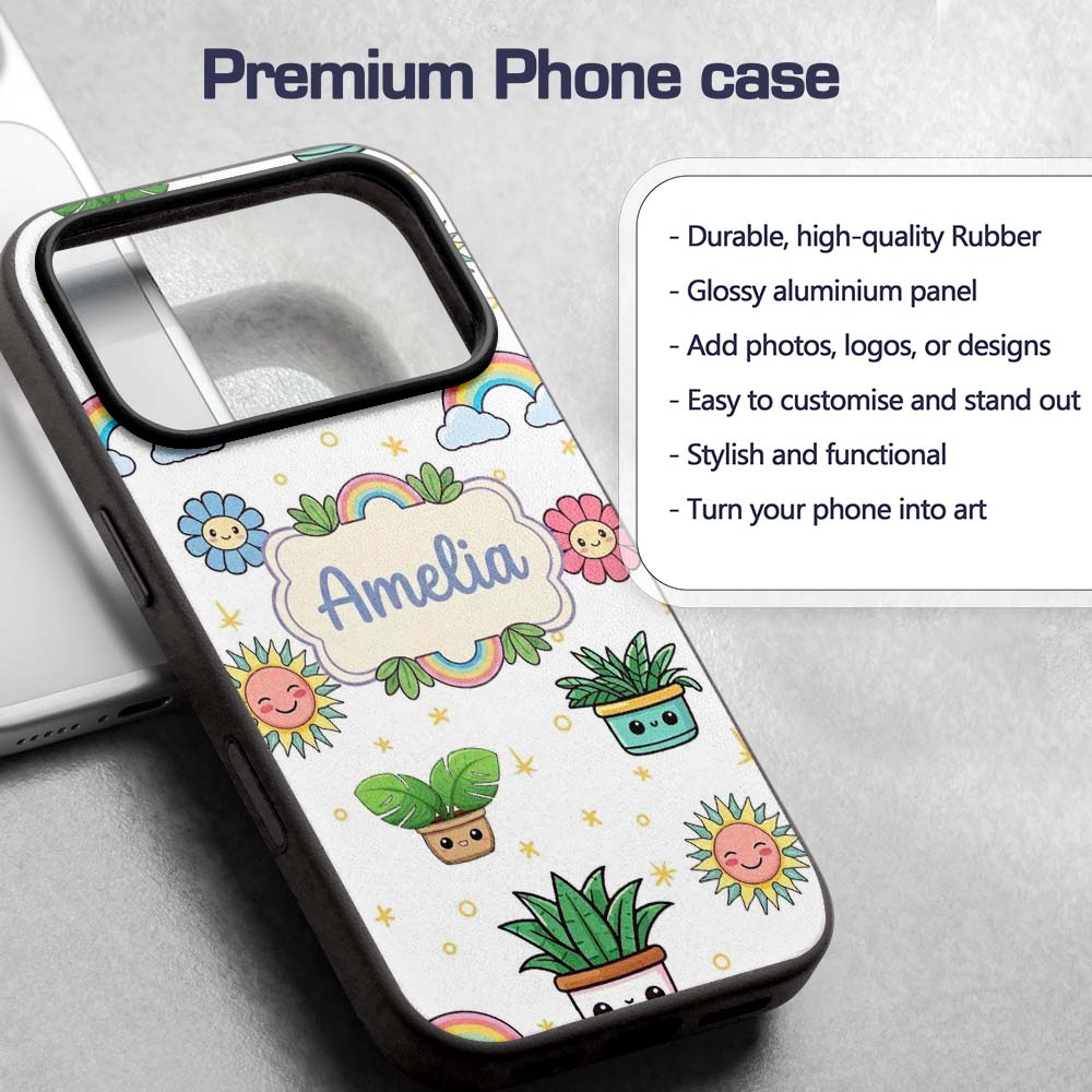 Cute Kawaii Plants Rainbows Smiling Sun Grey Custom Name Protective Phone Case Mobile Cover Durable Everyday Smartphone Shock Resistant
