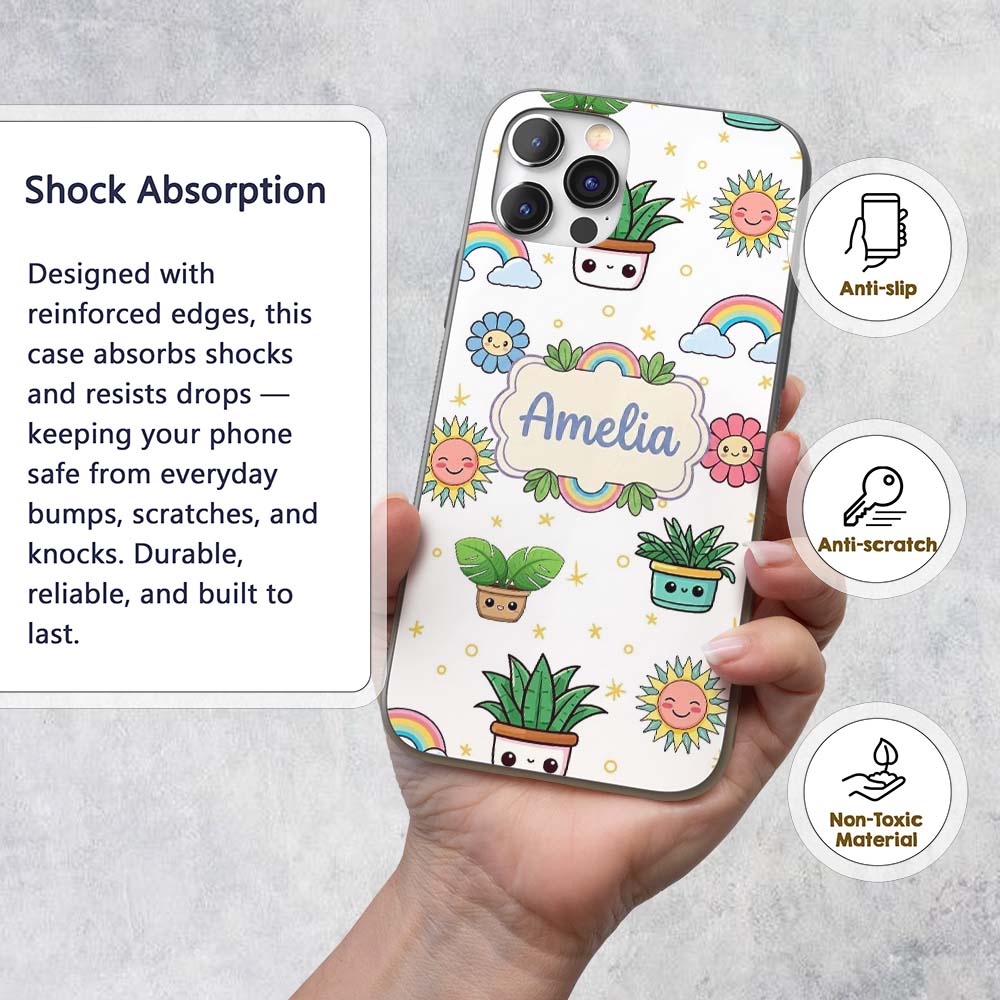 Cute Kawaii Plants Rainbows Smiling Sun Grey Custom Name Protective Phone Case Mobile Cover Durable Everyday Smartphone Shock Resistant
