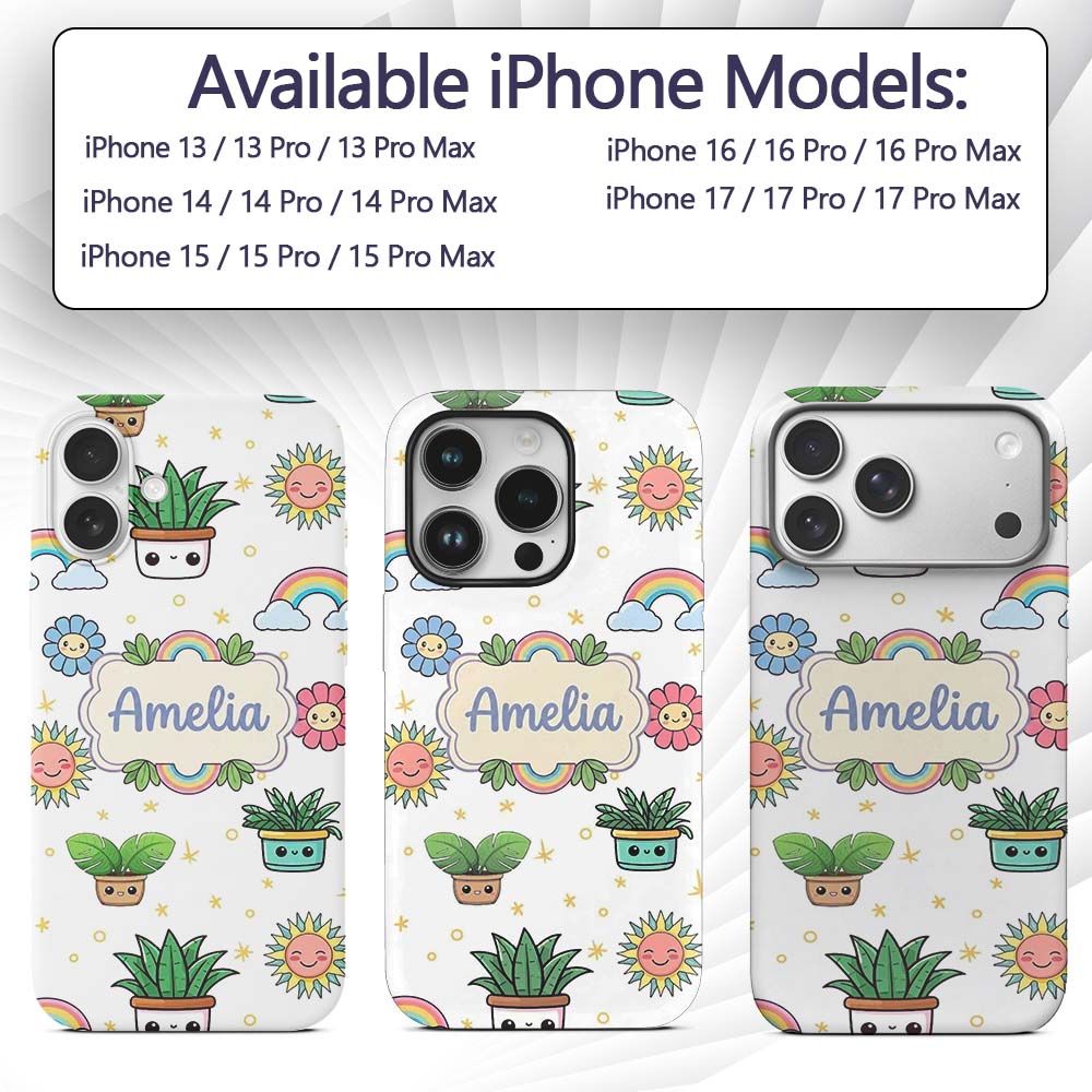 Cute Kawaii Plants Rainbows Smiling Sun Grey Custom Name Protective Phone Case Mobile Cover Durable Everyday Smartphone Shock Resistant