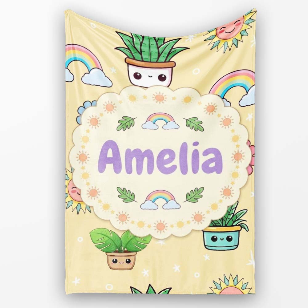 Cute Kawaii Plants Rainbows Smiling Sun Yellow Background Seamless Personalised Custom Name Super Soft Fleece Blanket Bed Sofa Throw