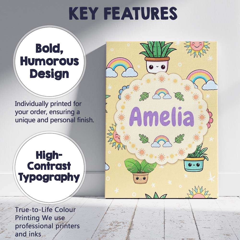Personalised Name Cute Kawaii Plants Custom Premium Decorative Design Modern Room Accent Canvas Wall Art Print Decor Picture Ready to Hang