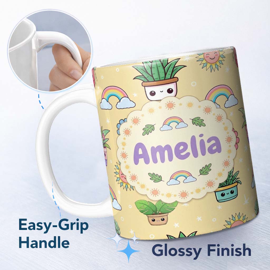 Personalized Custom Name Cute Kawaii Plants Rainbows Smiling Sun Yellow Background Seamless 11oz Ceramic Coffee Tea Mug White Large Handle