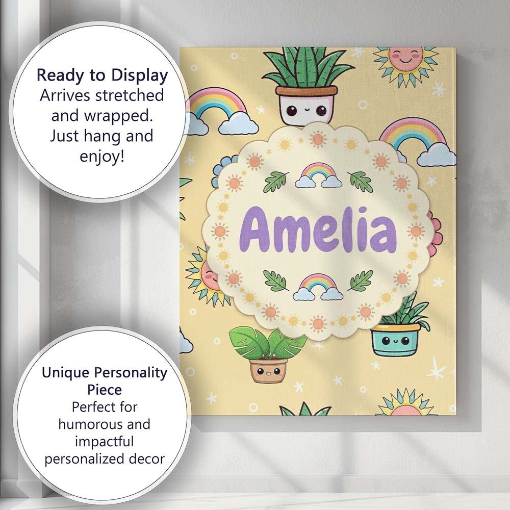 Personalised Name Cute Kawaii Plants Custom Premium Decorative Design Modern Room Accent Canvas Wall Art Print Decor Picture Ready to Hang