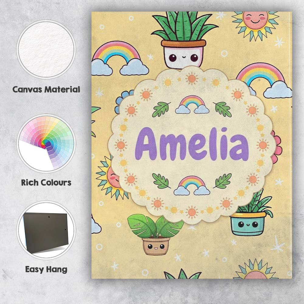Personalised Name Cute Kawaii Plants Custom Premium Decorative Design Modern Room Accent Canvas Wall Art Print Decor Picture Ready to Hang