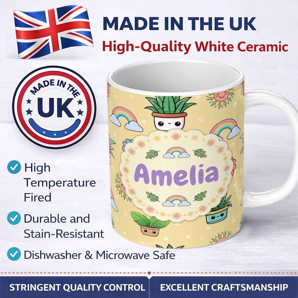 Personalized Custom Name Cute Kawaii Plants Rainbows Smiling Sun Yellow Background Seamless 11oz Ceramic Coffee Tea Mug White Large Handle