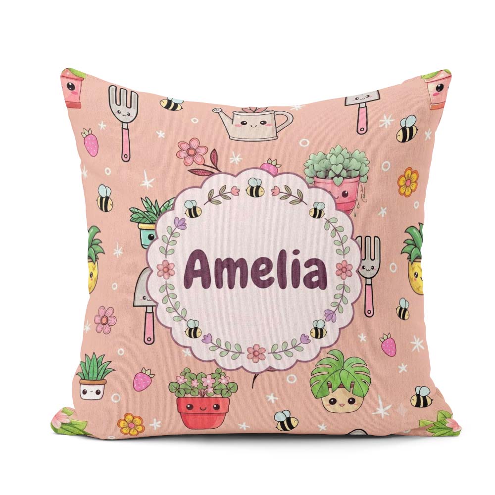 Custom Name Kawaii Garden Tools Bees Flowers Plants Pattern Name Square Filled Cushion Throw Pillow Sofa Bed Home Decor Zip Washable UK Made