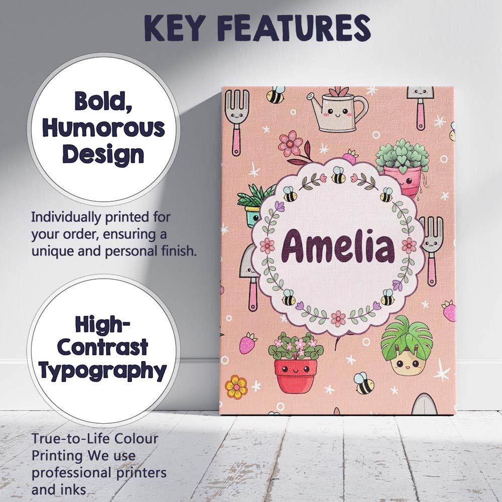 Personalised Name Cute Kawaii Garden Tools Custom Unique Gift Idea Elegant Feature Canvas Wall Art Print Decor Picture Ready to Hang