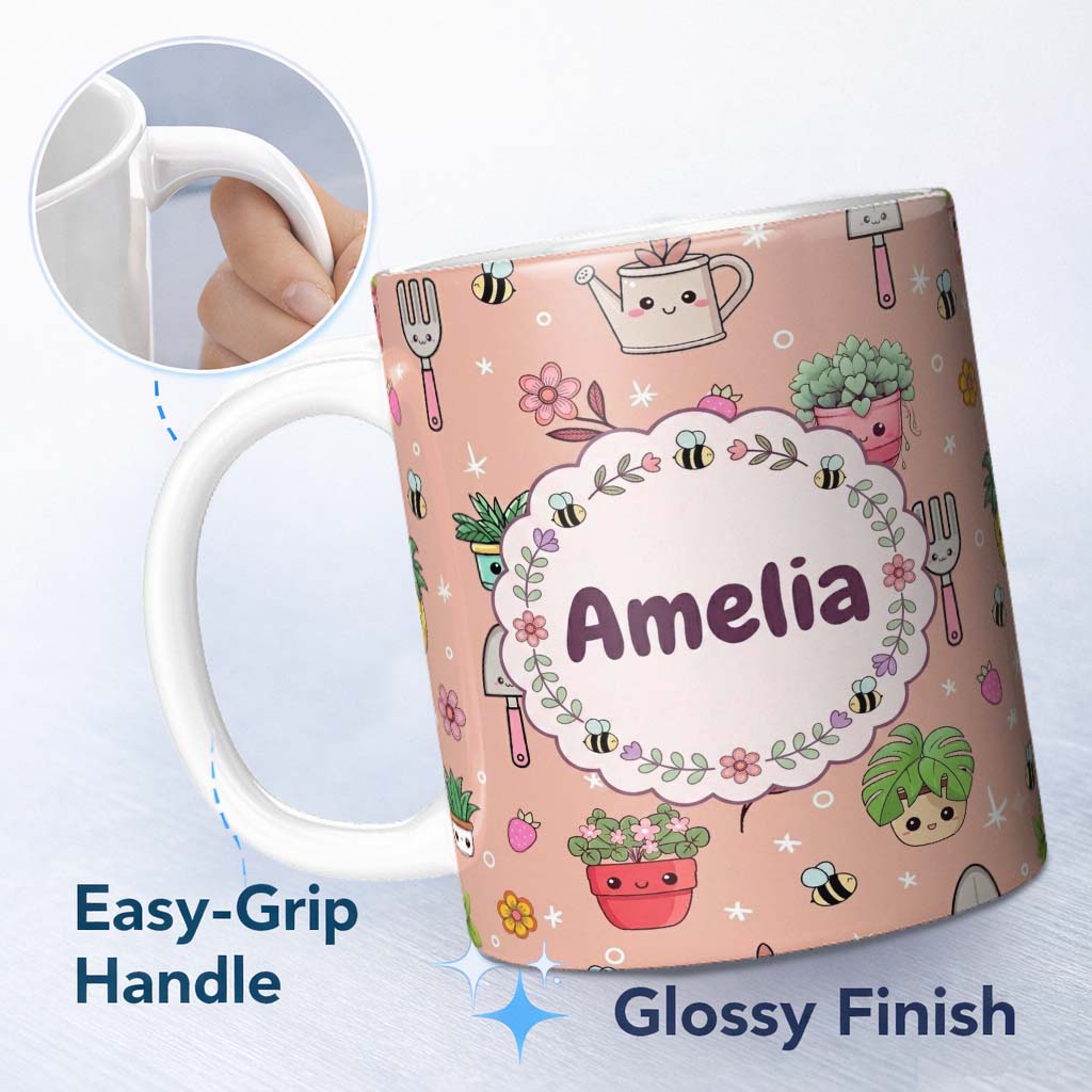 Personalized Custom Name Cute Kawaii Garden Tools Bees Flowers Plants Seamless Pattern Name 11oz Ceramic Coffee Tea Mug White Large Handle