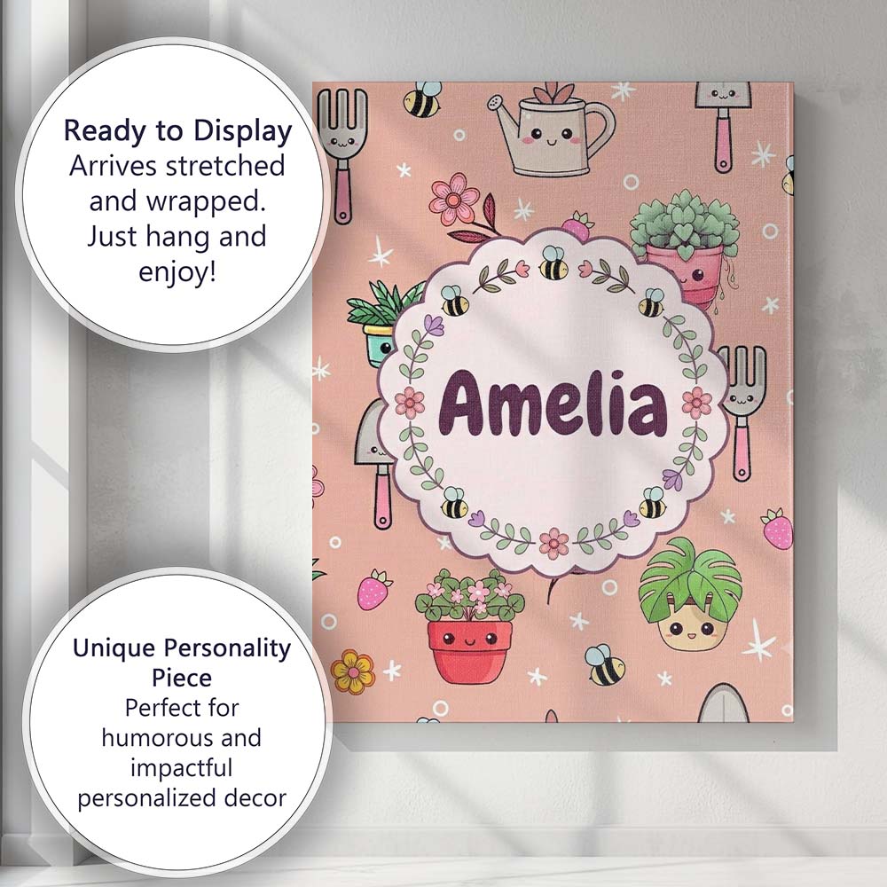 Personalised Name Cute Kawaii Garden Tools Custom Unique Gift Idea Elegant Feature Canvas Wall Art Print Decor Picture Ready to Hang