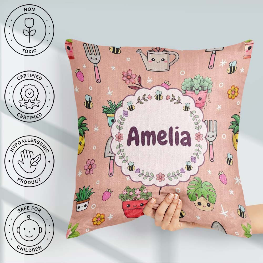 Custom Name Kawaii Garden Tools Bees Flowers Plants Pattern Name Square Filled Cushion Throw Pillow Sofa Bed Home Decor Zip Washable UK Made