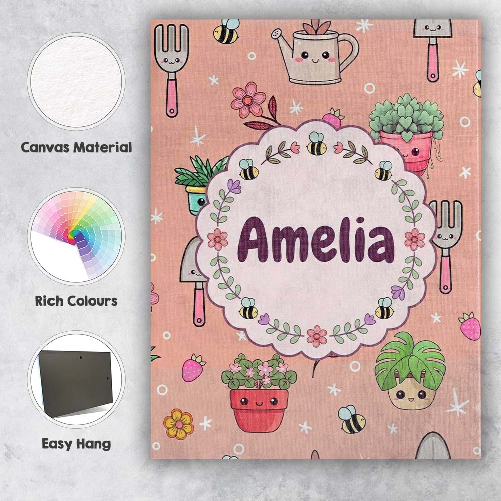 Personalised Name Cute Kawaii Garden Tools Custom Unique Gift Idea Elegant Feature Canvas Wall Art Print Decor Picture Ready to Hang