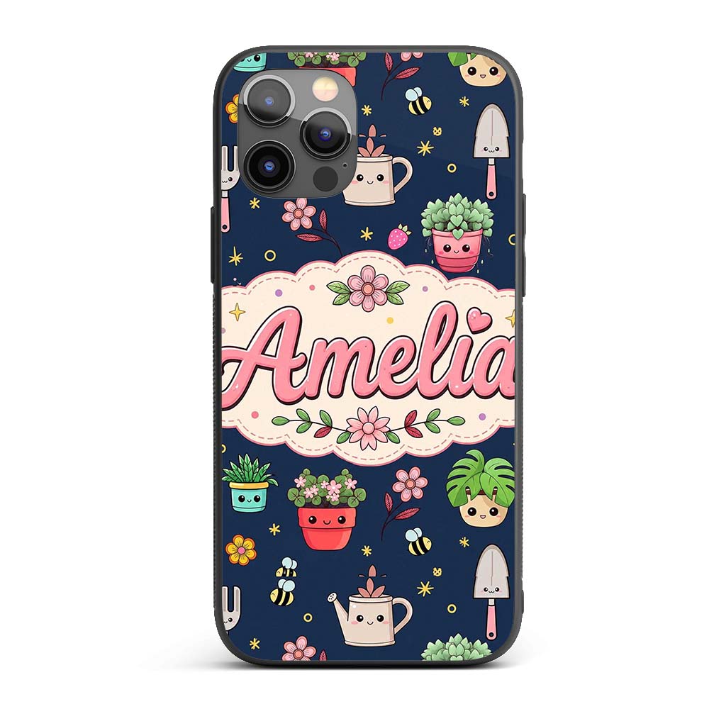 Cute Kawaii Garden Tools Bees Flowers Plants Navy Custom Name Protective Phone Case Mobile Cover Durable Everyday Smartphone Shock Resistant