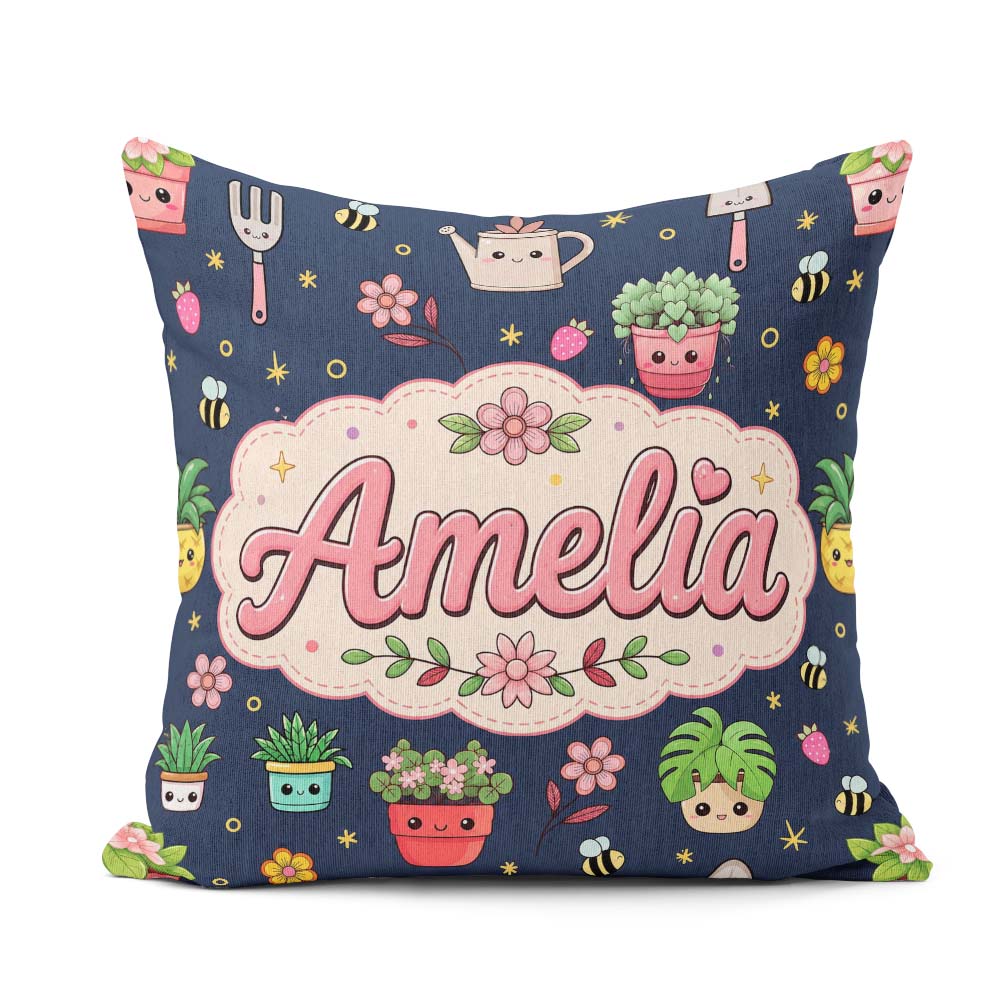 Custom Name Cute Kawaii Garden Tools Bees Plants Navy Background Square Filled Cushion Throw Pillow Sofa Bed Home Decor Zip Washable UK Made