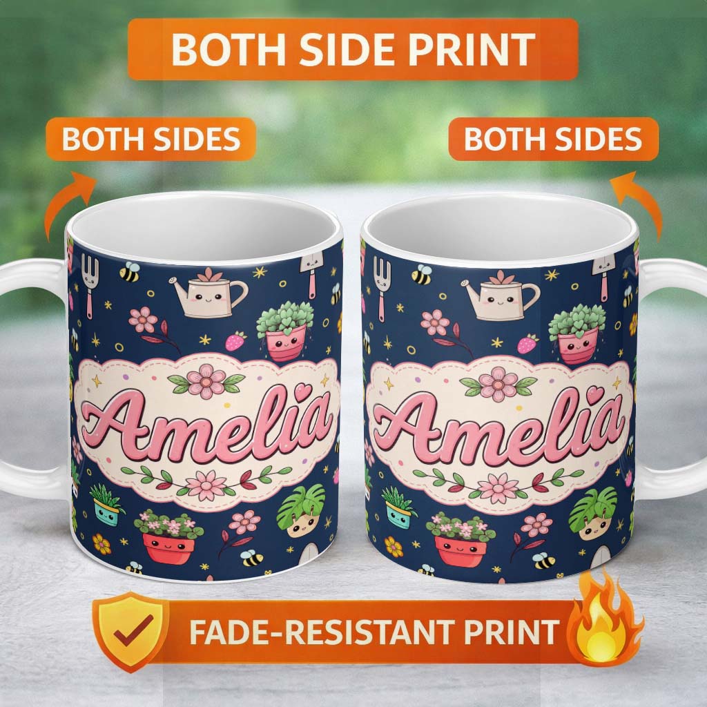 Personalized Custom Name Cute Kawaii Garden Tools Bees Flowers Plants Navy Background 11oz Ceramic Coffee Tea Mug White Large Handle